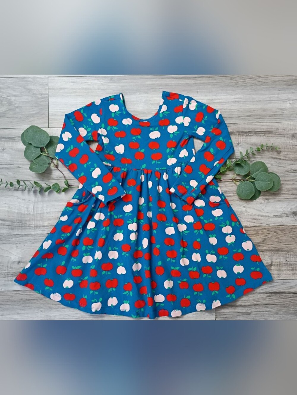 Hanna Andersson Blue Apple-Print Long-Sleeve Cotton Dress
